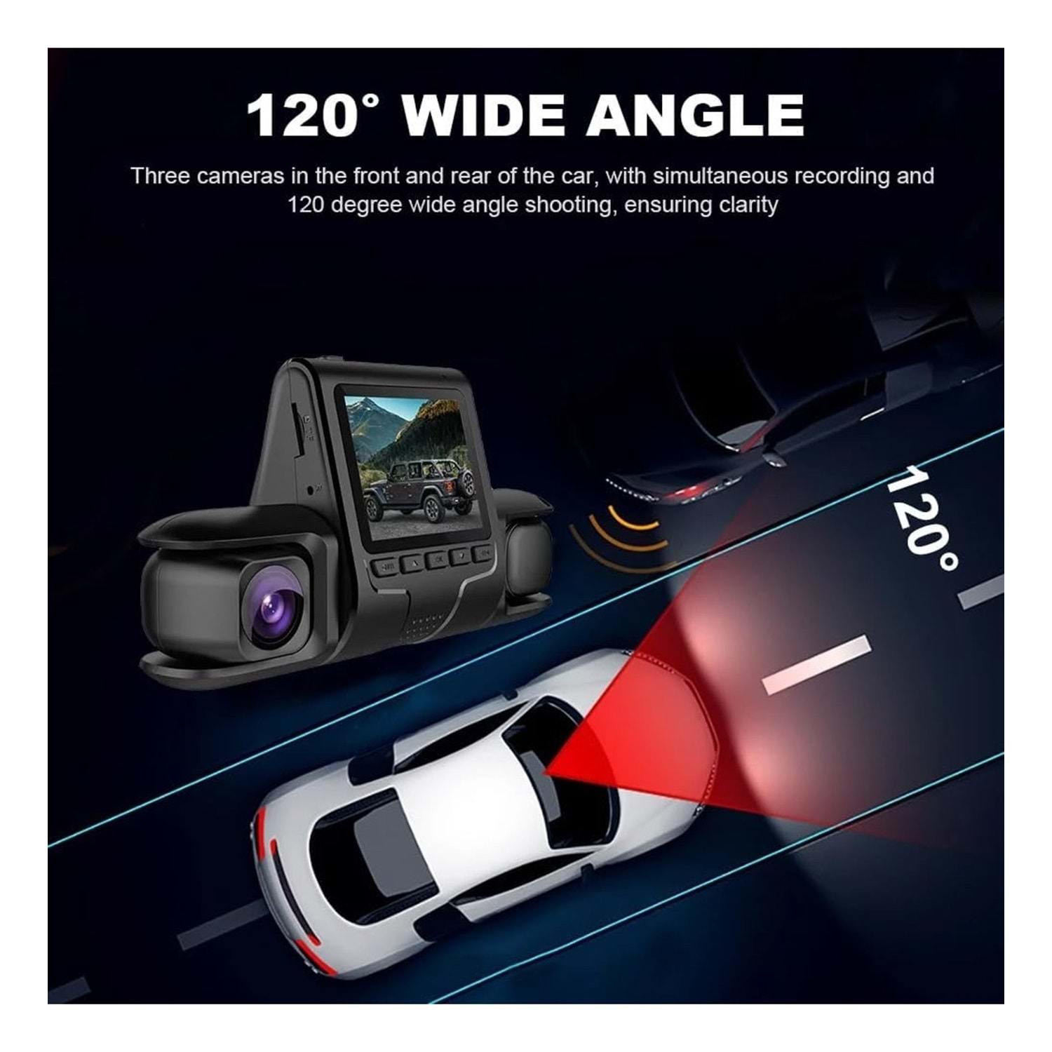 Bilişim Burada HD Araç kamerası Geniş Görüş Açısı Ön Arka ve Araç içi 3 Kamera Kanal Desteği, Hareket Dedektör Desteği, TF Kart Desteği Dash Cam (0076)